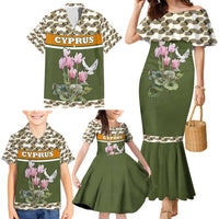 Cyprus Family Matching Mermaid Dress and Hawaiian Shirt with Cyclamen Flower Illustration Design and National Emblem - Wonder Print Shop