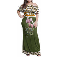 Cyprus Family Matching Off Shoulder Maxi Dress and Hawaiian Shirt with Cyclamen Flower Illustration Design and National Emblem - Wonder Print Shop