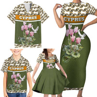 Cyprus Family Matching Short Sleeve Bodycon Dress and Hawaiian Shirt with Cyclamen Flower Illustration Design and National Emblem - Wonder Print Shop