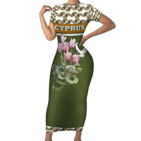Cyprus Family Matching Short Sleeve Bodycon Dress and Hawaiian Shirt with Cyclamen Flower Illustration Design and National Emblem - Wonder Print Shop