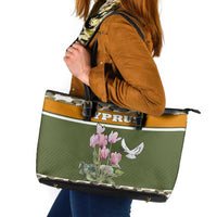 Cyprus Leather Tote Bag with Cyclamen Flower Illustration Design and National Emblem - Wonder Print Shop