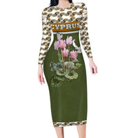 Cyprus Long Sleeve Bodycon Dress with Cyclamen Flower Illustration Design and National Emblem - Wonder Print Shop