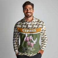 Cyprus Long Sleeve Polo Shirt with Cyclamen Flower Illustration Design and National Emblem - Wonder Print Shop