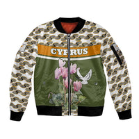 Cyprus Sleeve Zip Bomber Jacket with Cyclamen Flower Illustration Design and National Emblem - Wonder Print Shop