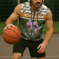 Cyprus Sleeveless Zip Hoodie with Cyclamen Flower Illustration Design and National Emblem - Wonder Print Shop