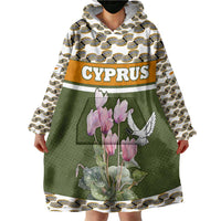 Cyprus Wearable Blanket Hoodie with Cyclamen Flower Illustration Design and National Emblem - Wonder Print Shop