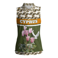 Cyprus Women Sleeveless Polo Shirt with Cyclamen Flower Illustration Design and National Emblem - Wonder Print Shop