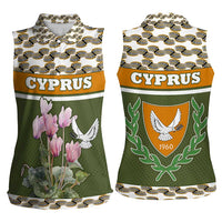 Cyprus Women Sleeveless Polo Shirt with Cyclamen Flower Illustration Design and National Emblem - Wonder Print Shop