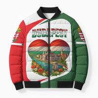 Hungary Bomber Puffer Jacket with Budapest Heart Illustration Design and Crown Emblem - Wonder Print Shop