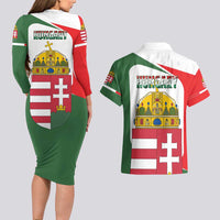 Hungary Couples Matching Long Sleeve Bodycon Dress and Hawaiian Shirt with Budapest Heart Illustration Design and Crown Emblem - Wonder Print Shop