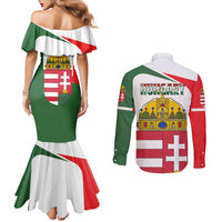 Hungary Couples Matching Mermaid Dress and Long Sleeve Button Shirt with Budapest Heart Illustration Design and Crown Emblem - Wonder Print Shop