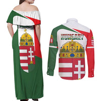 Hungary Couples Matching Off Shoulder Maxi Dress and Long Sleeve Button Shirt with Budapest Heart Illustration Design and Crown Emblem - Wonder Print Shop