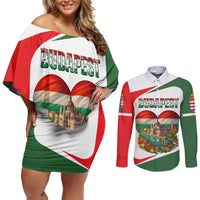Hungary Couples Matching Off Shoulder Short Dress and Long Sleeve Button Shirt with Budapest Heart Illustration Design and Crown Emblem - Wonder Print Shop