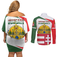Hungary Couples Matching Off Shoulder Short Dress and Long Sleeve Button Shirt with Budapest Heart Illustration Design and Crown Emblem - Wonder Print Shop