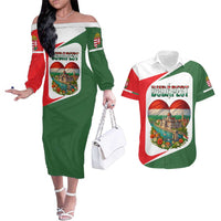 Hungary Couples Matching Off The Shoulder Long Sleeve Dress and Hawaiian Shirt with Budapest Heart Illustration Design and Crown Emblem - Wonder Print Shop