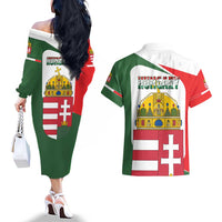Hungary Couples Matching Off The Shoulder Long Sleeve Dress and Hawaiian Shirt with Budapest Heart Illustration Design and Crown Emblem - Wonder Print Shop