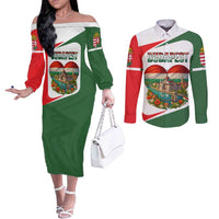 Hungary Couples Matching Off The Shoulder Long Sleeve Dress and Long Sleeve Button Shirt with Budapest Heart Illustration Design and Crown Emblem - Wonder Print Shop