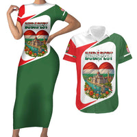 Hungary Couples Matching Short Sleeve Bodycon Dress and Hawaiian Shirt with Budapest Heart Illustration Design and Crown Emblem - Wonder Print Shop