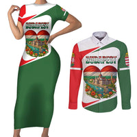 Hungary Couples Matching Short Sleeve Bodycon Dress and Long Sleeve Button Shirt with Budapest Heart Illustration Design and Crown Emblem - Wonder Print Shop