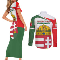 Hungary Couples Matching Short Sleeve Bodycon Dress and Long Sleeve Button Shirt with Budapest Heart Illustration Design and Crown Emblem - Wonder Print Shop