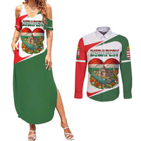 Hungary Couples Matching Summer Maxi Dress and Long Sleeve Button Shirt with Budapest Heart Illustration Design and Crown Emblem - Wonder Print Shop
