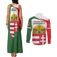 Hungary Couples Matching Tank Maxi Dress and Long Sleeve Button Shirt with Budapest Heart Illustration Design and Crown Emblem - Wonder Print Shop