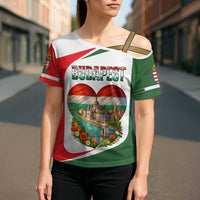 Hungary Cross Shoulder Shirt with Budapest Heart Illustration Design and Crown Emblem - Wonder Print Shop