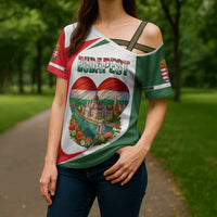 Hungary Cross Shoulder Shirt with Budapest Heart Illustration Design and Crown Emblem - Wonder Print Shop