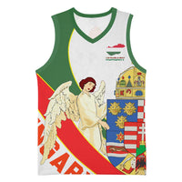 Hungary Basketball Jersey with Knight and Angel Illustration Design and National Crest - Wonder Print Shop