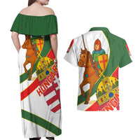 Hungary Couples Matching Off Shoulder Maxi Dress and Hawaiian Shirt with Knight and Angel Illustration Design and National Crest - Wonder Print Shop