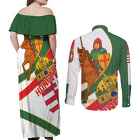 Hungary Couples Matching Off Shoulder Maxi Dress and Long Sleeve Button Shirt with Knight and Angel Illustration Design and National Crest - Wonder Print Shop