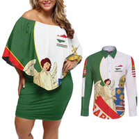 Hungary Couples Matching Off Shoulder Short Dress and Long Sleeve Button Shirt with Knight and Angel Illustration Design and National Crest - Wonder Print Shop