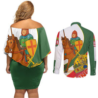 Hungary Couples Matching Off Shoulder Short Dress and Long Sleeve Button Shirt with Knight and Angel Illustration Design and National Crest - Wonder Print Shop