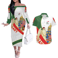 Hungary Couples Matching Off The Shoulder Long Sleeve Dress and Hawaiian Shirt with Knight and Angel Illustration Design and National Crest - Wonder Print Shop