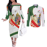 Hungary Couples Matching Off The Shoulder Long Sleeve Dress and Long Sleeve Button Shirt with Knight and Angel Illustration Design and National Crest - Wonder Print Shop