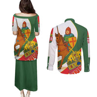 Hungary Couples Matching Puletasi and Long Sleeve Button Shirt with Knight and Angel Illustration Design and National Crest - Wonder Print Shop