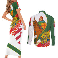 Hungary Couples Matching Short Sleeve Bodycon Dress and Long Sleeve Button Shirt with Knight and Angel Illustration Design and National Crest - Wonder Print Shop