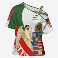 Hungary Cross Shoulder Shirt with Knight and Angel Illustration Design and National Crest - Wonder Print Shop
