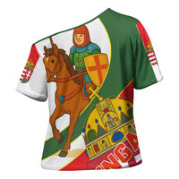 Hungary Cross Shoulder Shirt with Knight and Angel Illustration Design and National Crest - Wonder Print Shop