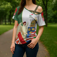 Hungary Cross Shoulder Shirt with Knight and Angel Illustration Design and National Crest - Wonder Print Shop