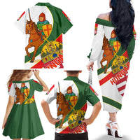 Hungary Family Matching Off The Shoulder Long Sleeve Dress and Hawaiian Shirt with Knight and Angel Illustration Design and National Crest - Wonder Print Shop