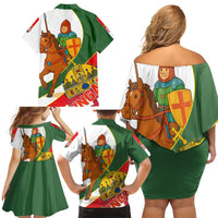 Hungary Family Matching Off Shoulder Short Dress and Hawaiian Shirt with Knight and Angel Illustration Design and National Crest - Wonder Print Shop