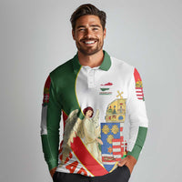 Hungary Long Sleeve Polo Shirt with Knight and Angel Illustration Design and National Crest - Wonder Print Shop