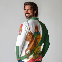 Hungary Long Sleeve Polo Shirt with Knight and Angel Illustration Design and National Crest - Wonder Print Shop