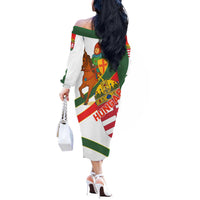 Hungary Off The Shoulder Long Sleeve Dress with Knight and Angel Illustration Design and National Crest - Wonder Print Shop