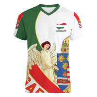 Hungary Women V-Neck T-Shirt with Knight and Angel Illustration Design and National Crest - Wonder Print Shop