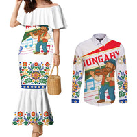 Hungary Couples Matching Mermaid Dress and Long Sleeve Button Shirt with Folk Musician Illustration Design and Traditional Floral - Wonder Print Shop