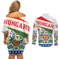 Hungary Couples Matching Off Shoulder Short Dress and Long Sleeve Button Shirt with Folk Musician Illustration Design and Traditional Floral - Wonder Print Shop