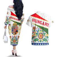 Hungary Couples Matching Off The Shoulder Long Sleeve Dress and Hawaiian Shirt with Folk Musician Illustration Design and Traditional Floral - Wonder Print Shop