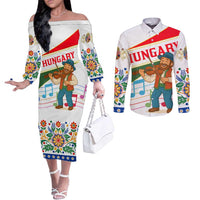 Hungary Couples Matching Off The Shoulder Long Sleeve Dress and Long Sleeve Button Shirt with Folk Musician Illustration Design and Traditional Floral - Wonder Print Shop